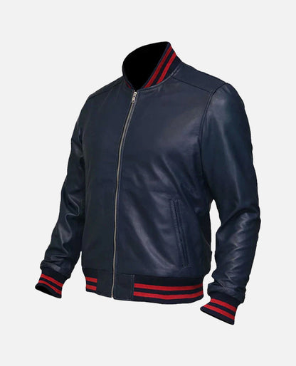 Men's Blue Leather Varsity Bomber Jacket