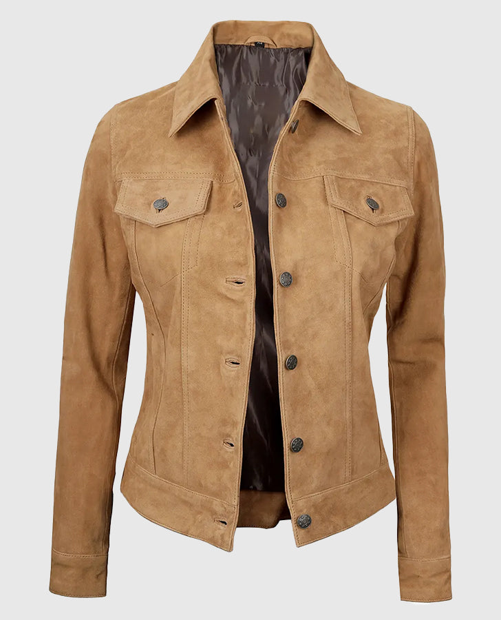 Women's Light Brown Suede Leather Trucker Jacket