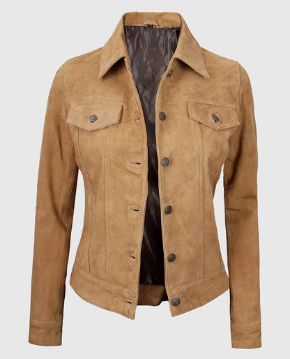 Women's Light Brown Suede Leather Trucker Jacket
