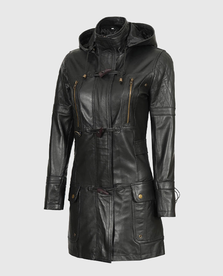 Women's Black Hooded Leather Coat