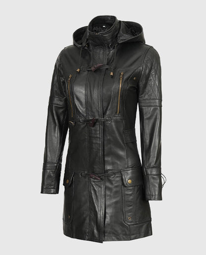 Women's Black Hooded Leather Coat