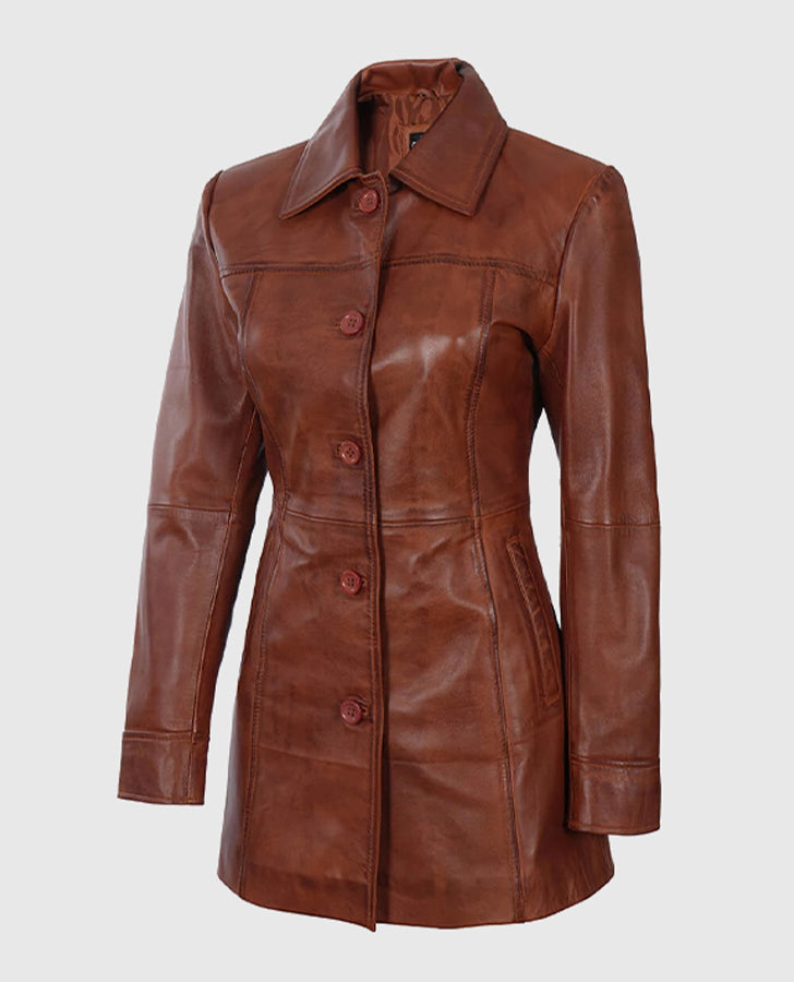 Women's Cognac Brown Leather Coat