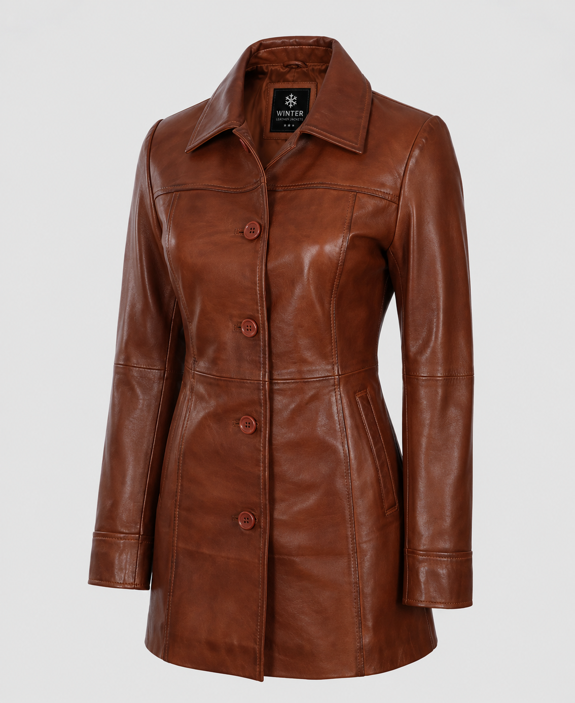 Womens Cognac Brown Long Leather Coat