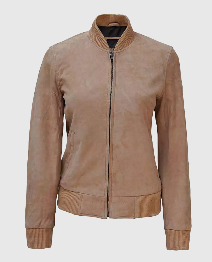 Women's Camel Brown Suede Bomber Jacket