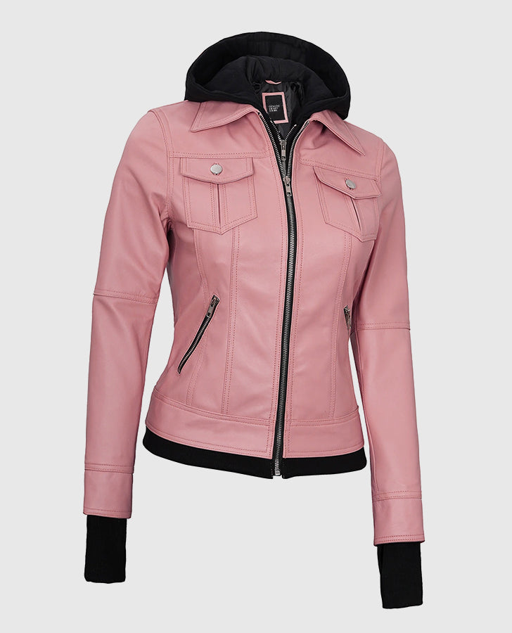 Womens-Pink-Bomber-Leather-Jacket-with-Hood
