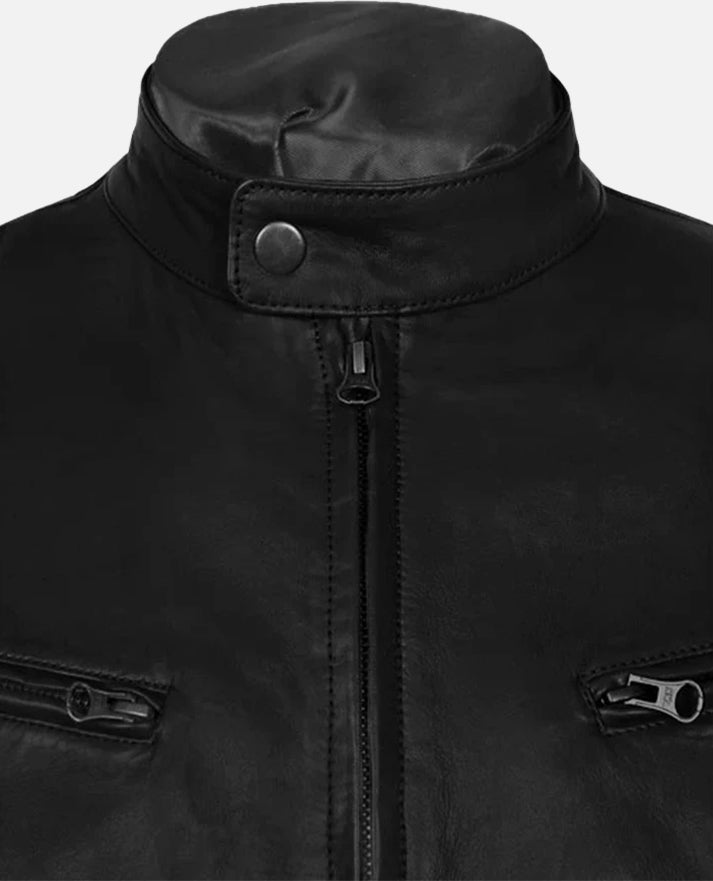 Men’s Black Slim Fit Cafe Racer Leather Jacket