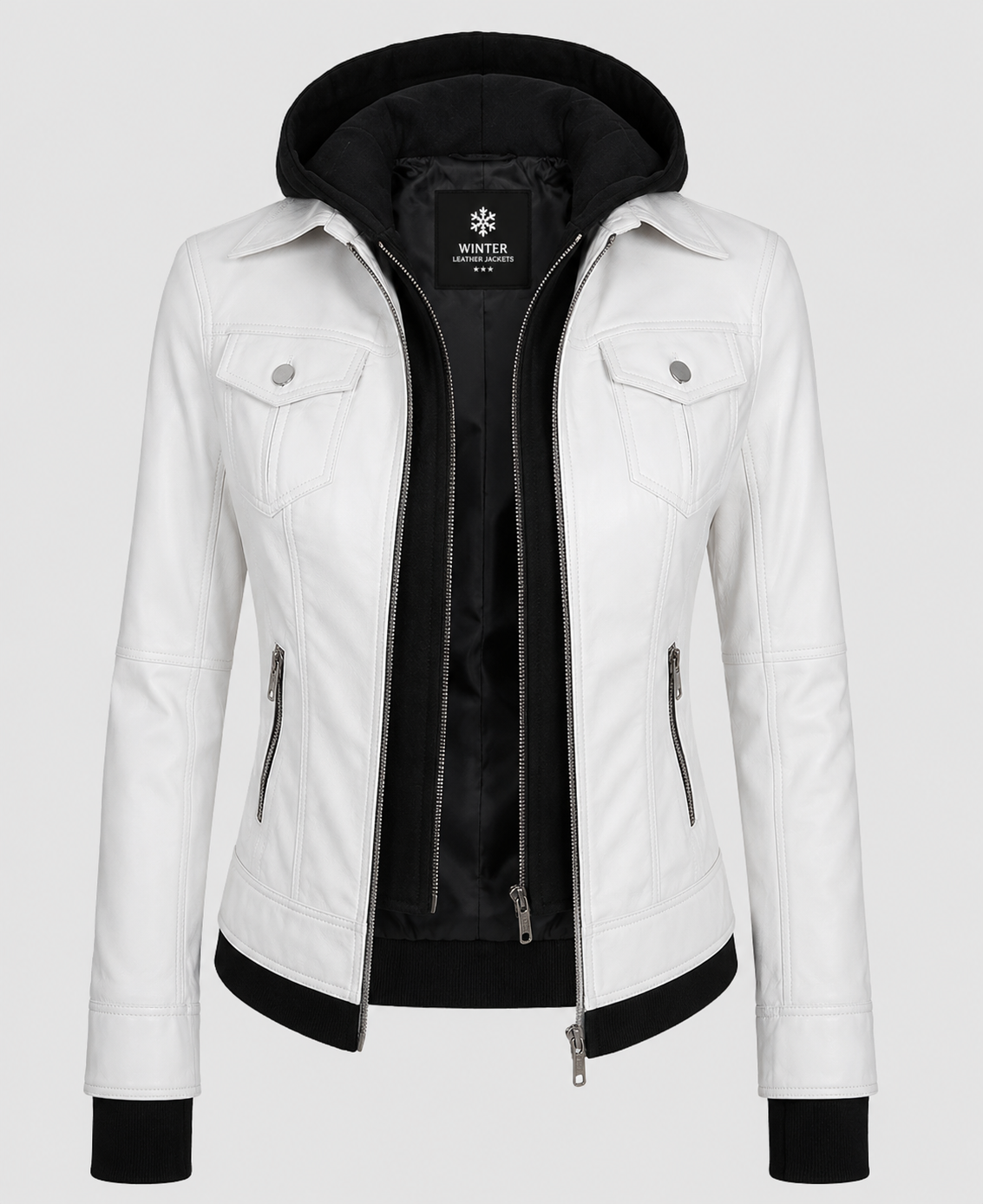  White Hooded Bomber Leather Jacket