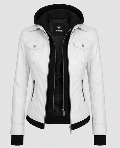  White Hooded Bomber Leather Jacket