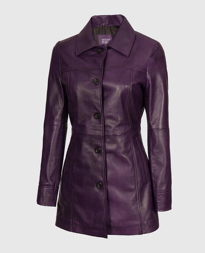 Women's Mid-Length Leather Purple Coat