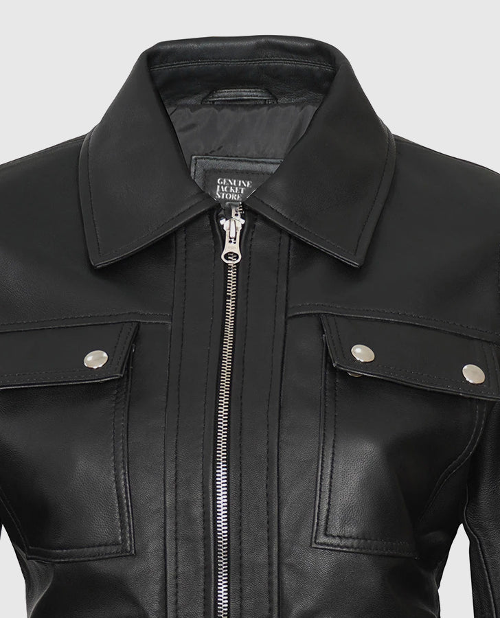 Women's Classic Black Leather Bomber Jacket