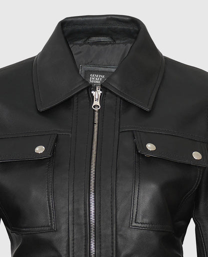 Women's Classic Black Leather Bomber Jacket