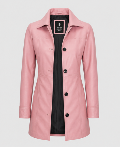 Women's Pink Mid Length Leather Coat