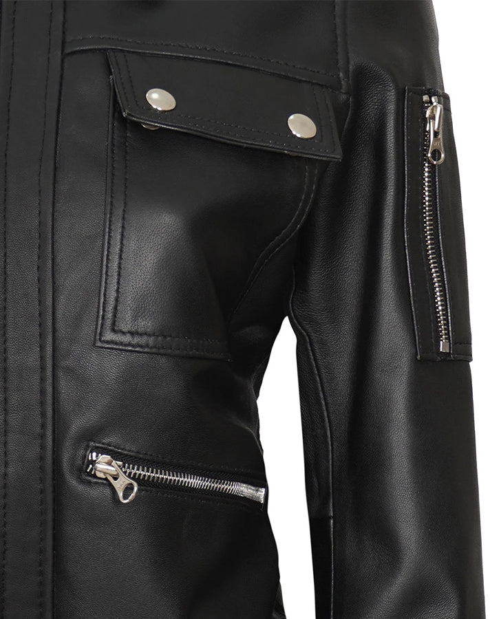 Women's Classic Black Leather Bomber Jacket