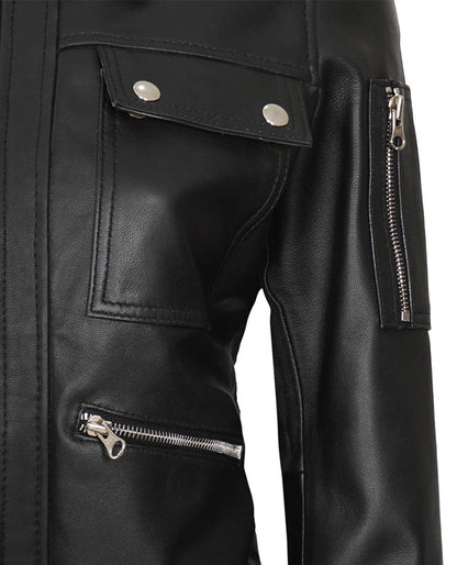 Women's Classic Black Leather Bomber Jacket