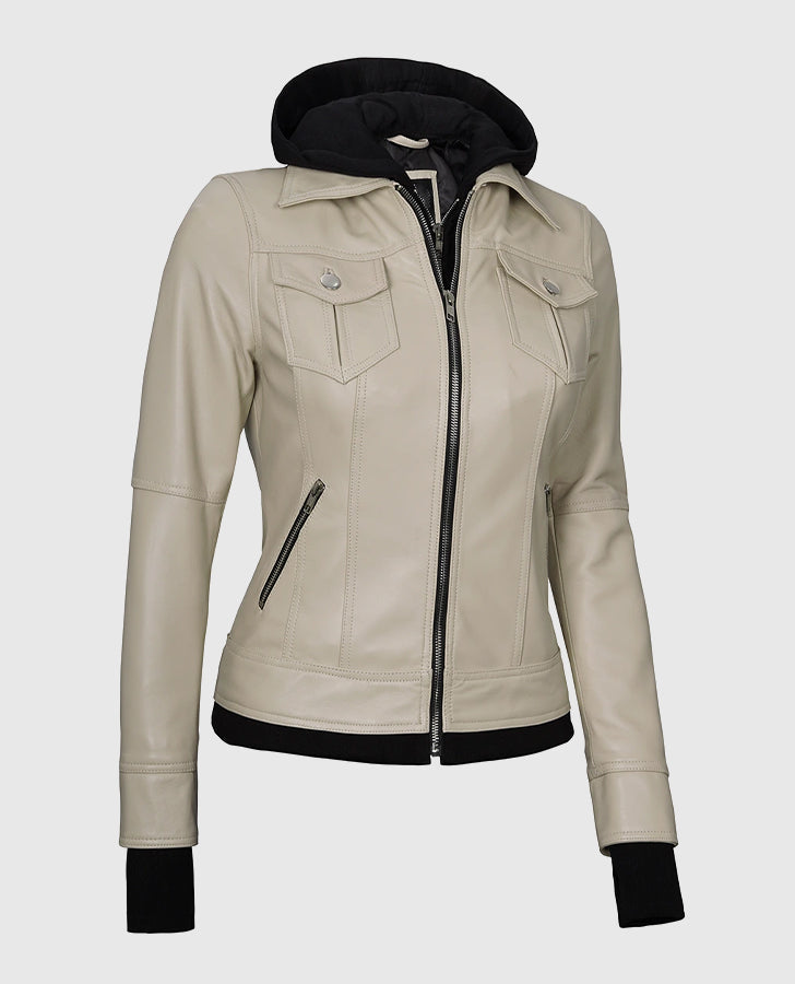 Womens-Beige-Bomber-Leather-Jacket-with-Hood
