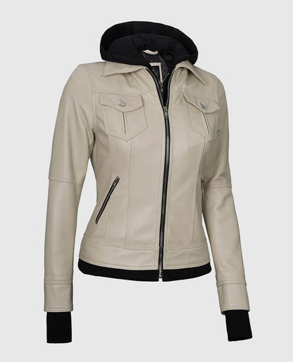 Womens-Beige-Bomber-Leather-Jacket-with-Hood