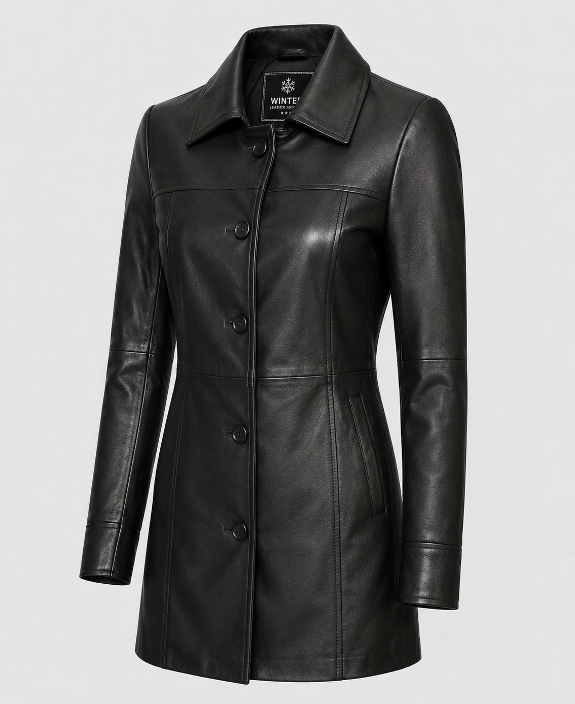 Womens Black Long Leather  Coat