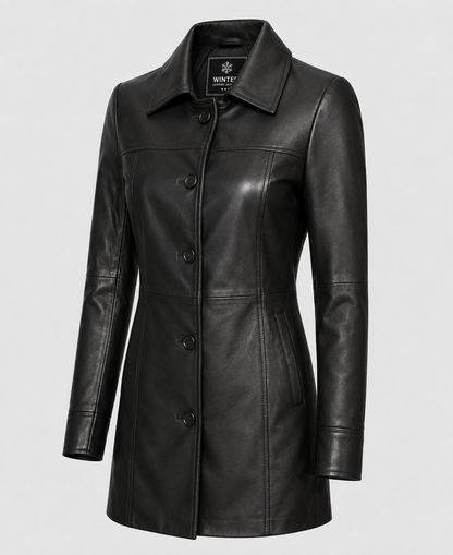Womens Black Long Leather  Coat