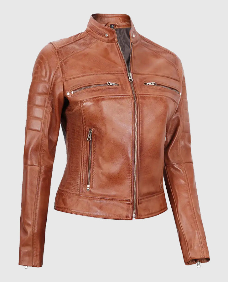 Women's Tan Cafe Racer Leather Jacket