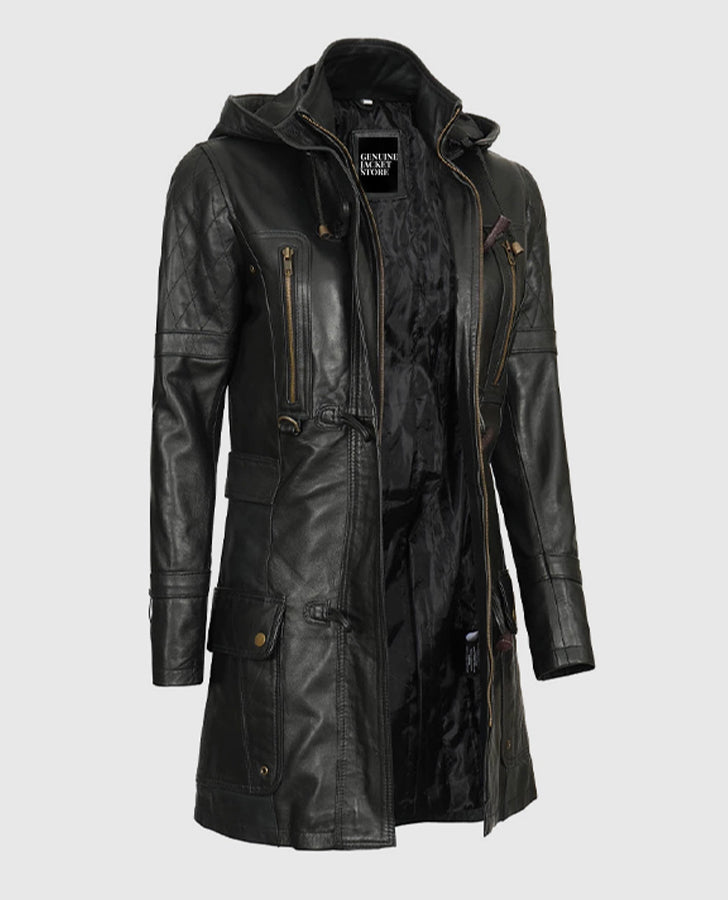 Women's Black Hooded Leather Coat