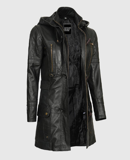 Women's Black Hooded Leather Coat