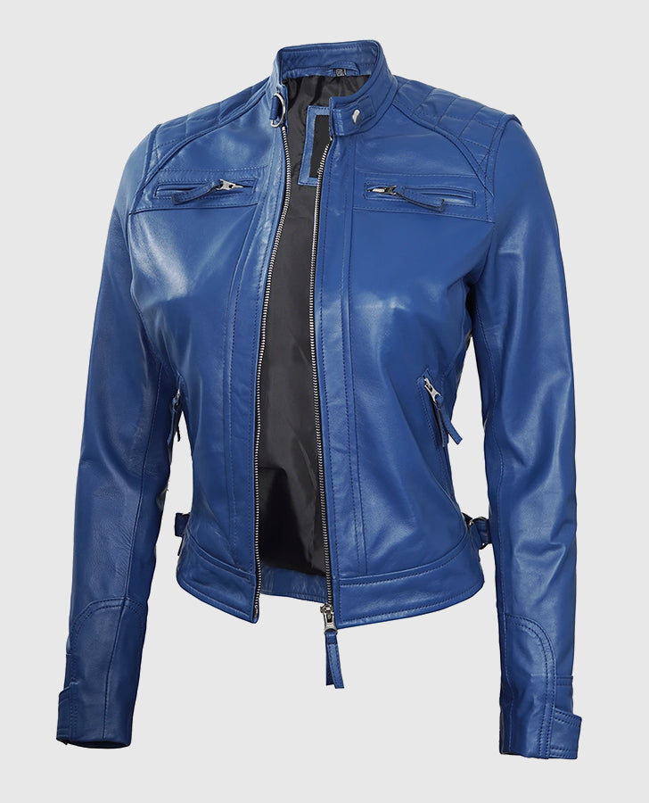 Women's Blue Diamond Cafe Racer Leather Jacket