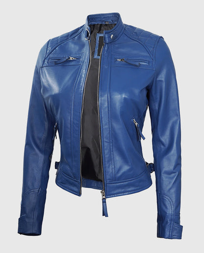 Women's Blue Diamond Cafe Racer Leather Jacket