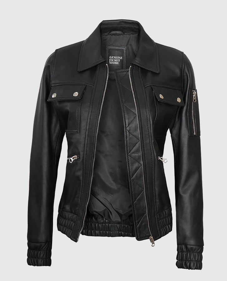 Women's Classic Black Leather Bomber Jacket