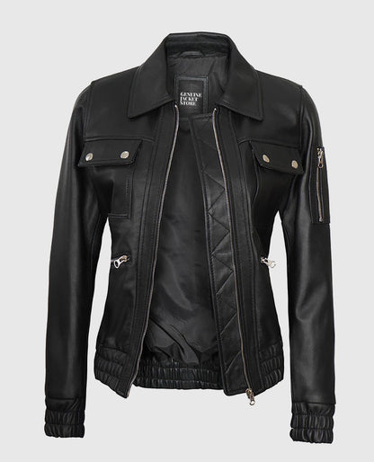 Women's Classic Black Leather Bomber Jacket