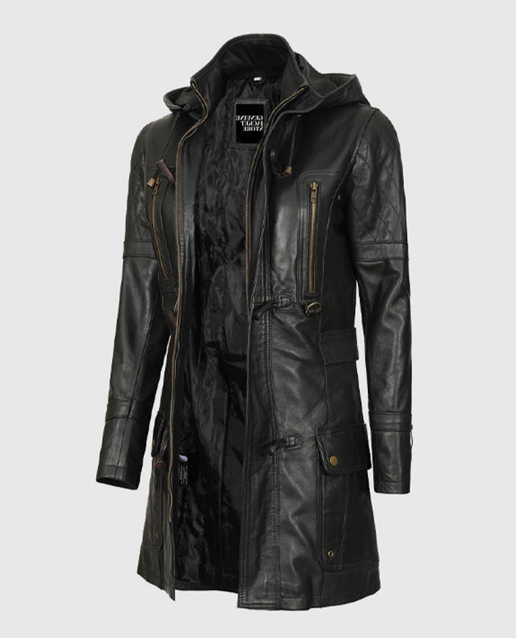 Women's Black Hooded Leather Coat