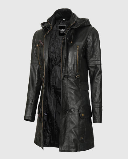 Women's Black Hooded Leather Coat