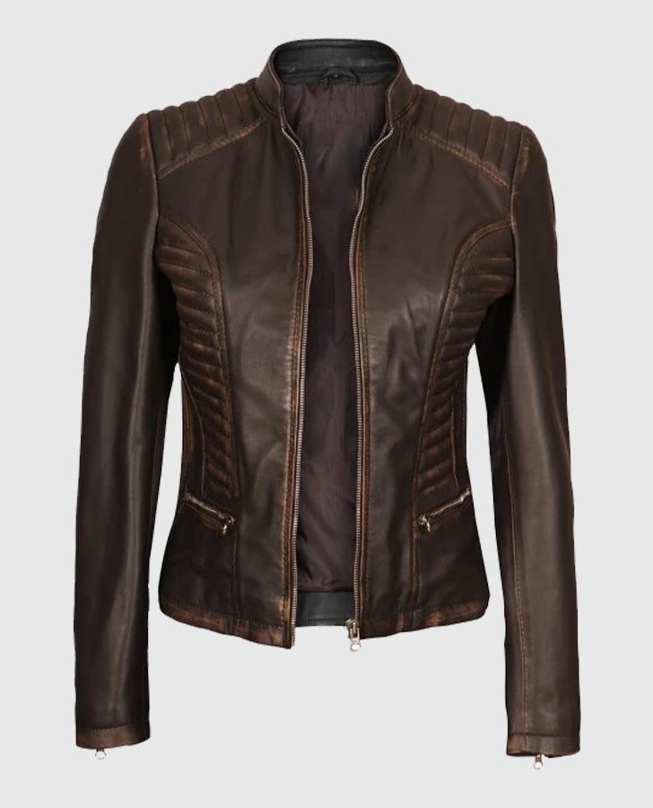 Women's Dark Brown Rub-off Cafe Racer Leather Jacket
