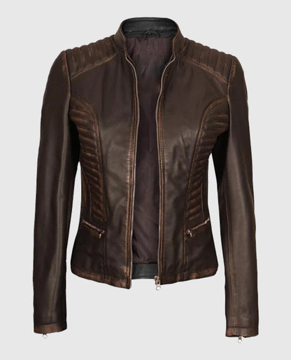 Women's Dark Brown Rub-off Cafe Racer Leather Jacket