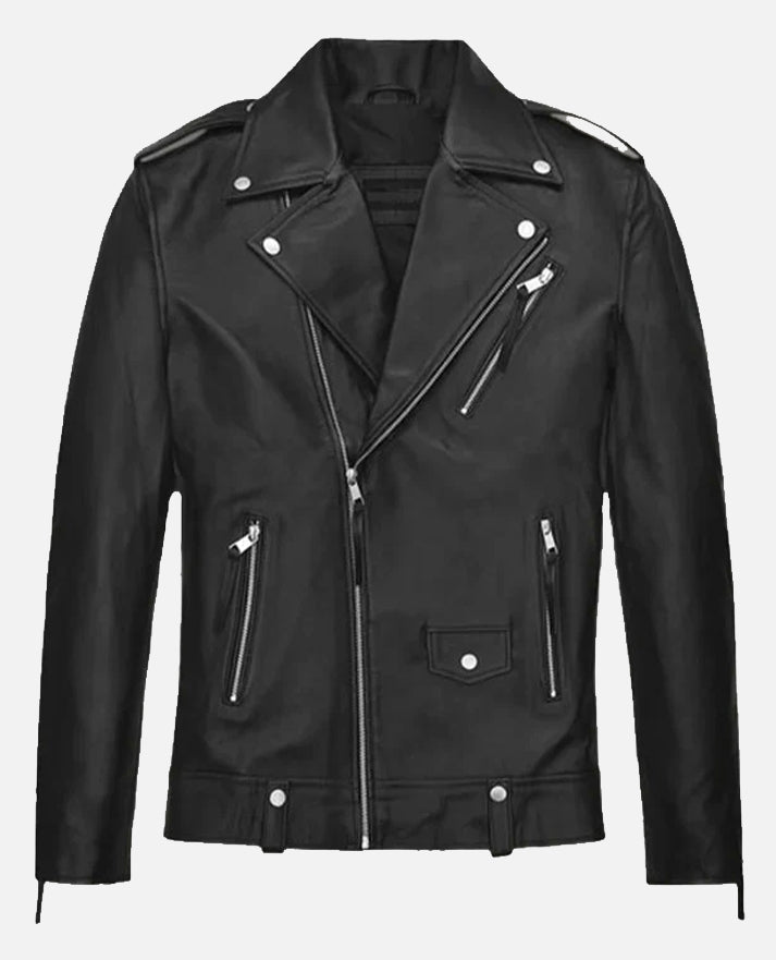 Ansel Elgort Black Biker Leather Jacket