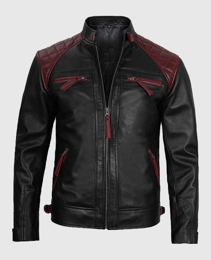 Men’s Quilted Cafe Racer Black & Maroon Leather Jacket