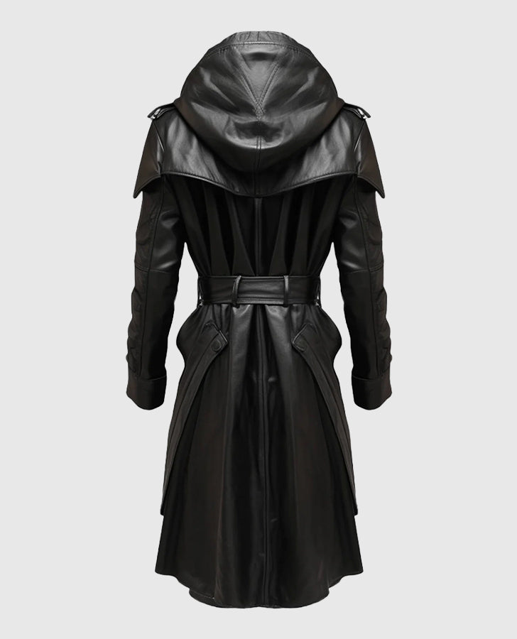 Black Stylish Hooded Leather Coat