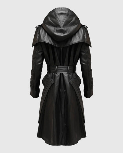 Black Stylish Hooded Leather Coat