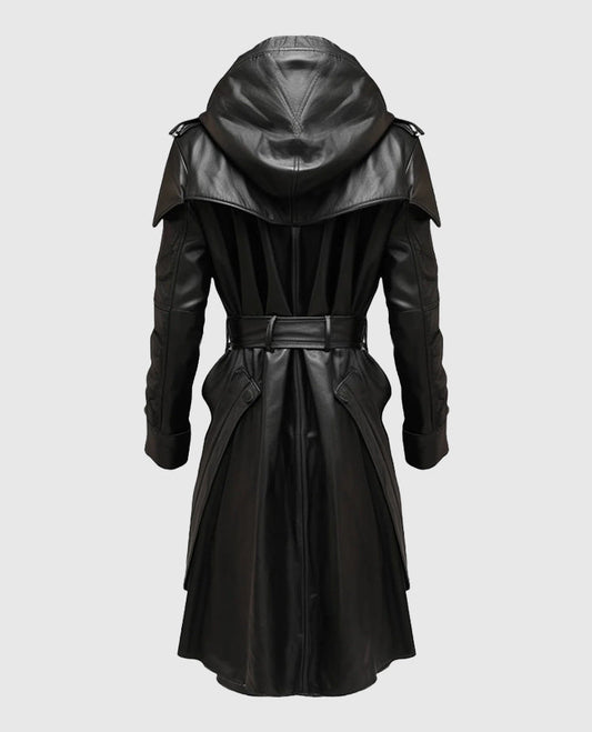 Black Stylish Hooded Leather Coat