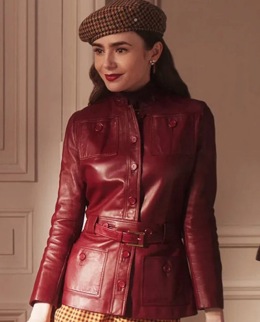 Emily in Paris S4 Lily Collins Red Leather Jacket