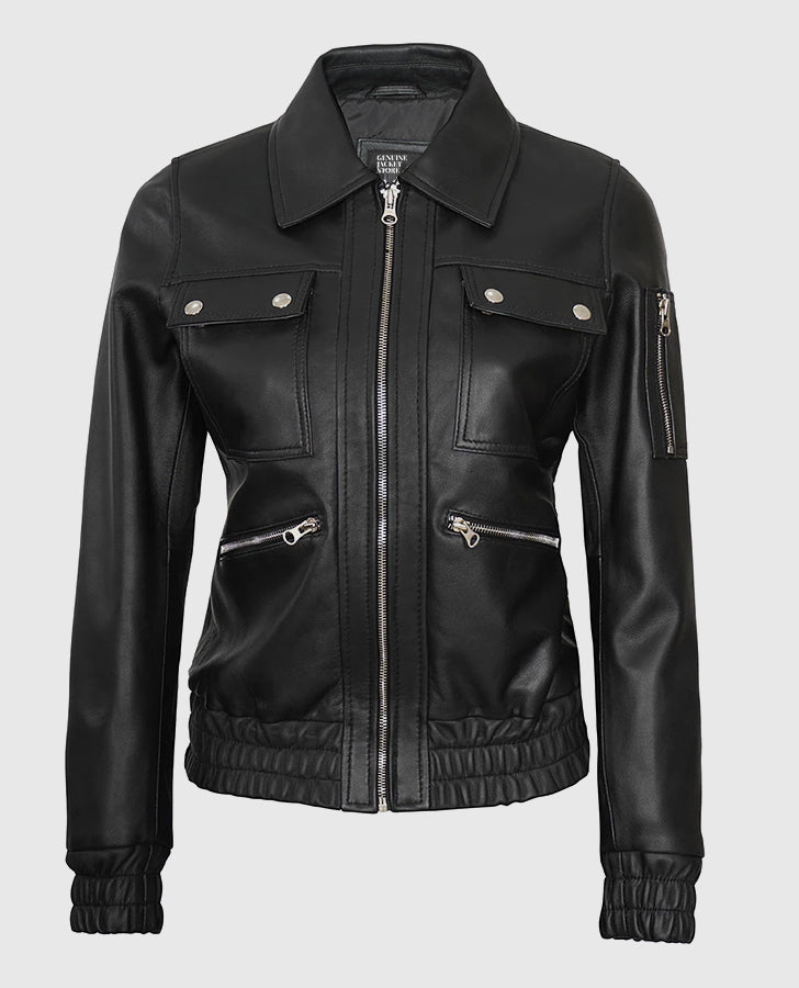 Evelyn Womens Classic Black Leather Bomber Jacket