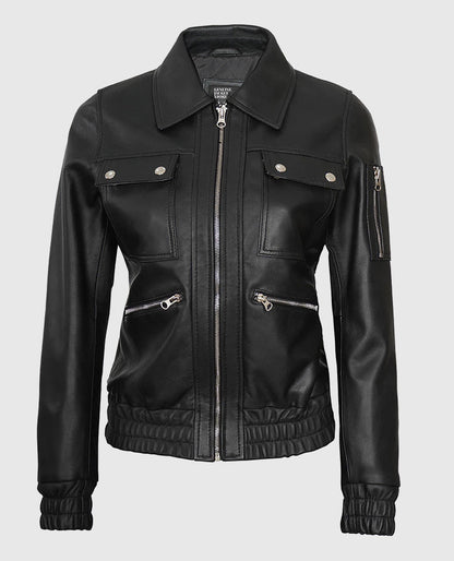 Evelyn Womens Classic Black Leather Bomber Jacket