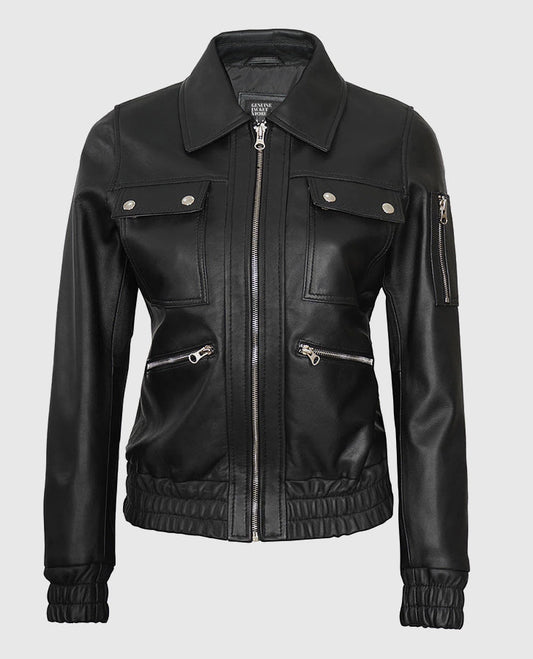Evelyn Womens Classic Black Leather Bomber Jacket