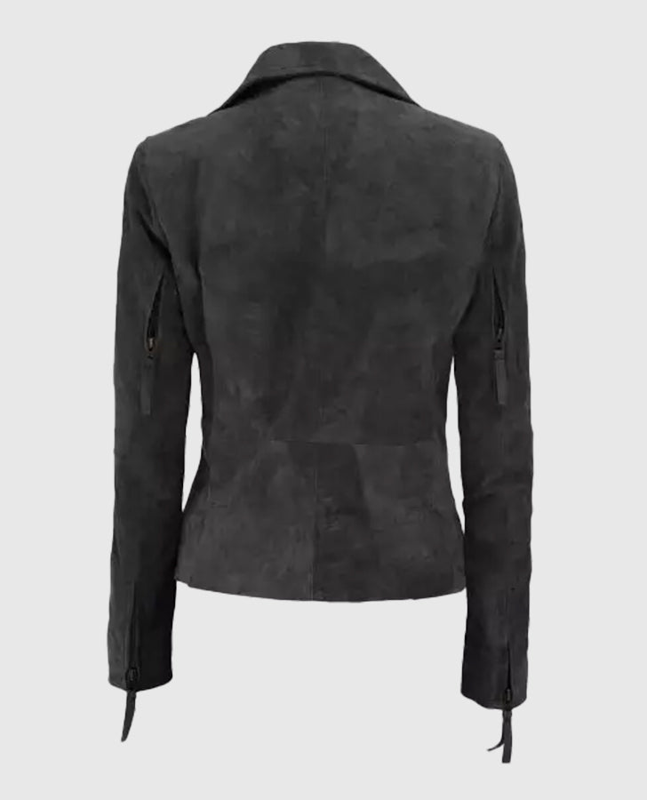 Grey Suede Leather Moto Jacket for Women
