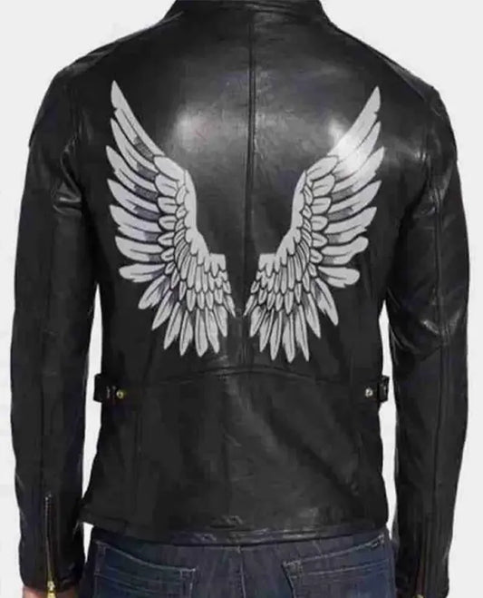Halloween Black Wings Printed Black Leather Jacket