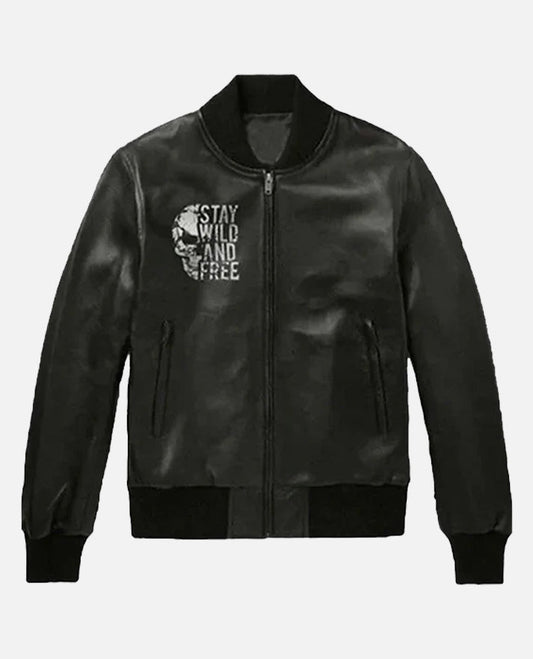 Halloween Special Stay Wild and Free Black Bomber Leather Jacket