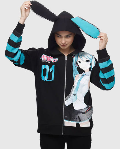 Hatsune Miku Jumbo Print Stripe Girls Hoodie