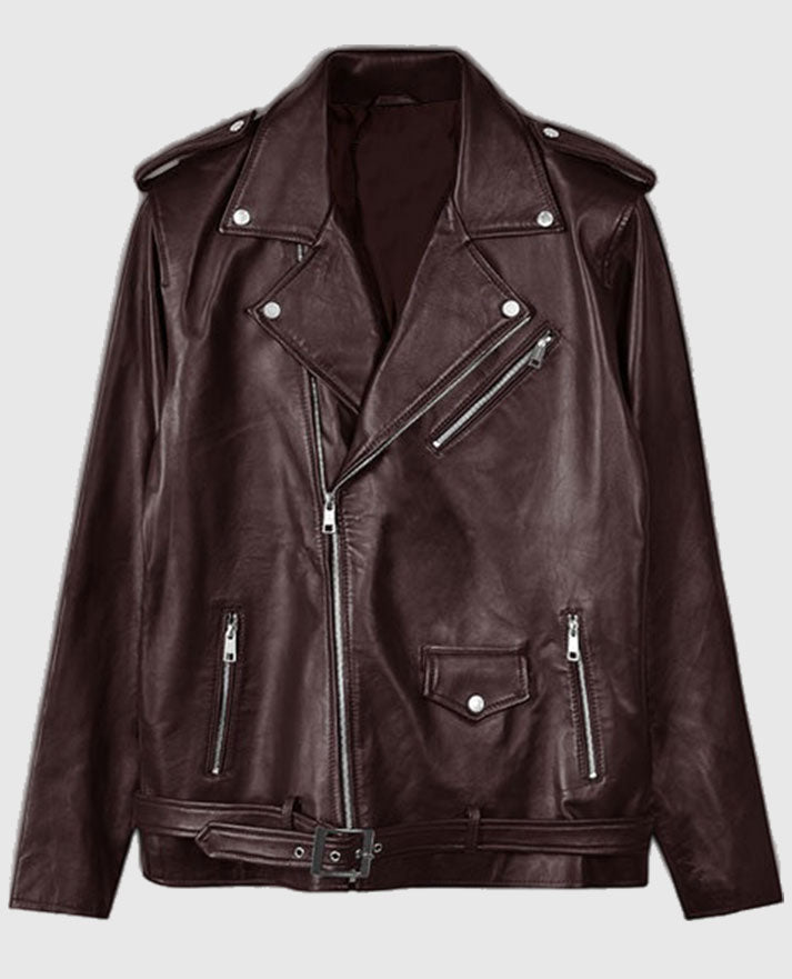 Joe Jonas Maroon Leather Biker Jacket