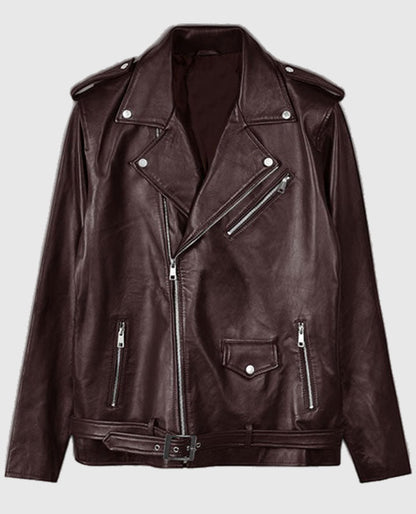 Joe Jonas Maroon Leather Biker Jacket