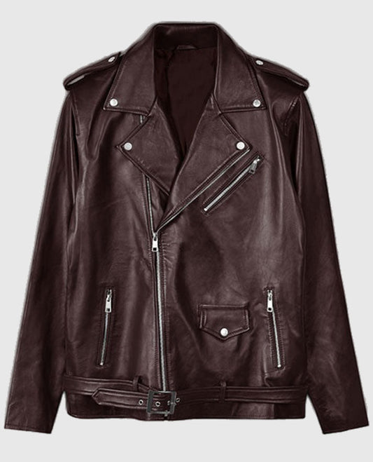 Joe Jonas Maroon Leather Biker Jacket