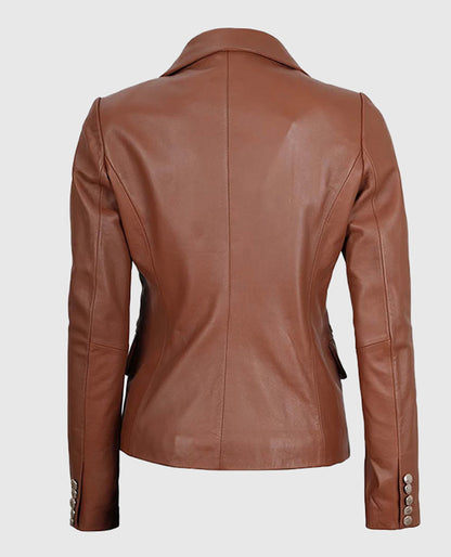 Kinley Double Breasted Brown Leather Blazer Jacket
